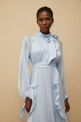 Nanette Blue Glossy Pleated Maxi Dress