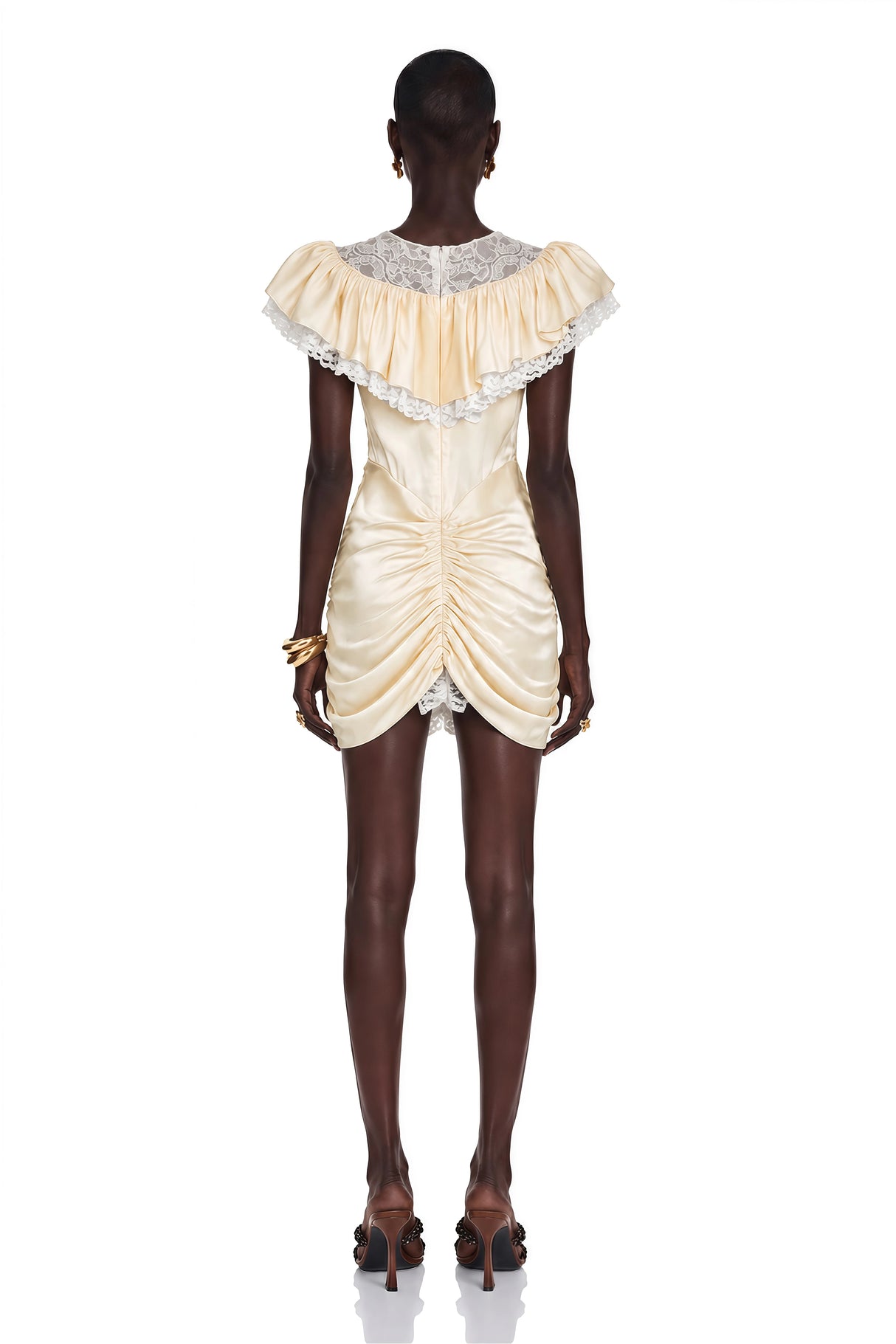 Nani Cream Plunge Neck Satin Jumpsuit with Lace Panels