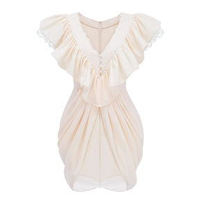 Nani Cream Plunge Neck Satin Jumpsuit with Lace Panels
