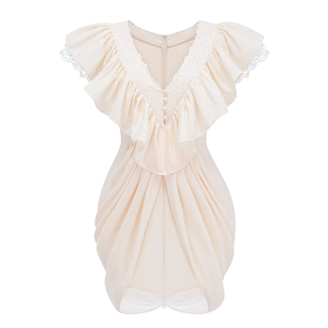 Nani Cream Plunge Neck Satin Jumpsuit with Lace Panels