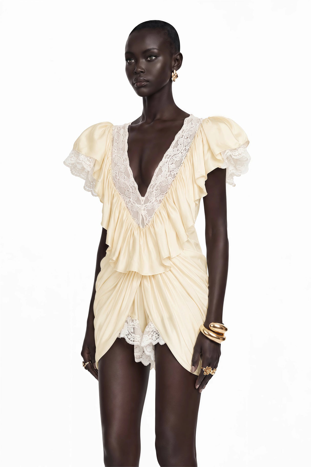 Nani Cream Plunge Neck Satin Jumpsuit with Lace Panels
