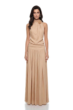 Narcissa Champagne Halterneck Ruched Maxi Dress