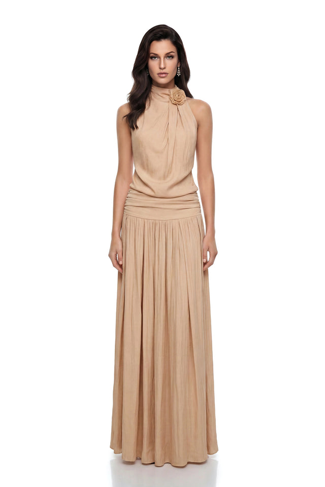 Narcissa Champagne Halterneck Ruched Maxi Dress