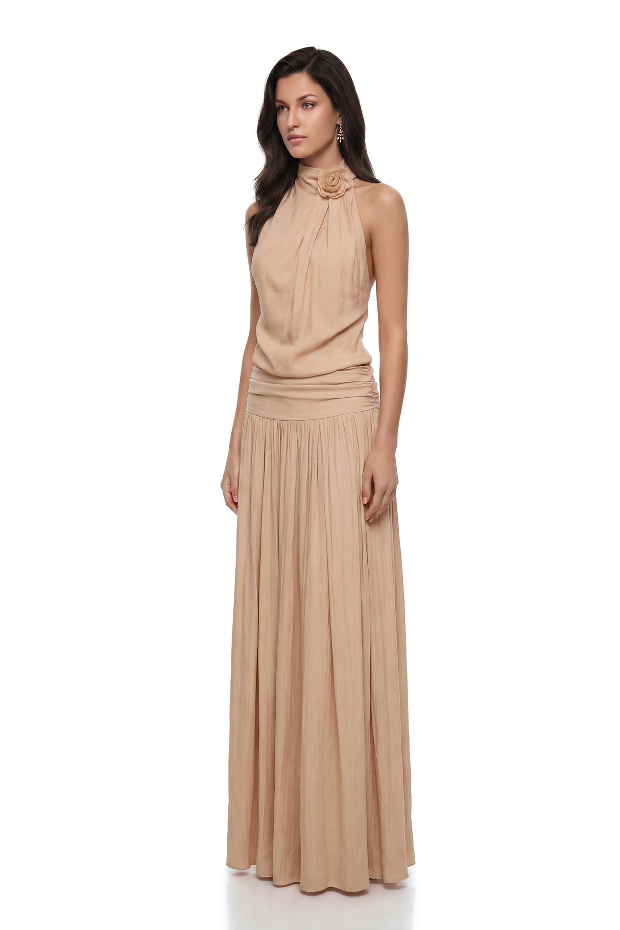 Narcissa Champagne Halterneck Ruched Maxi Dress
