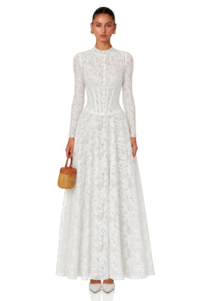 Narges White Lace Maxi Dress with Decorative Buttons