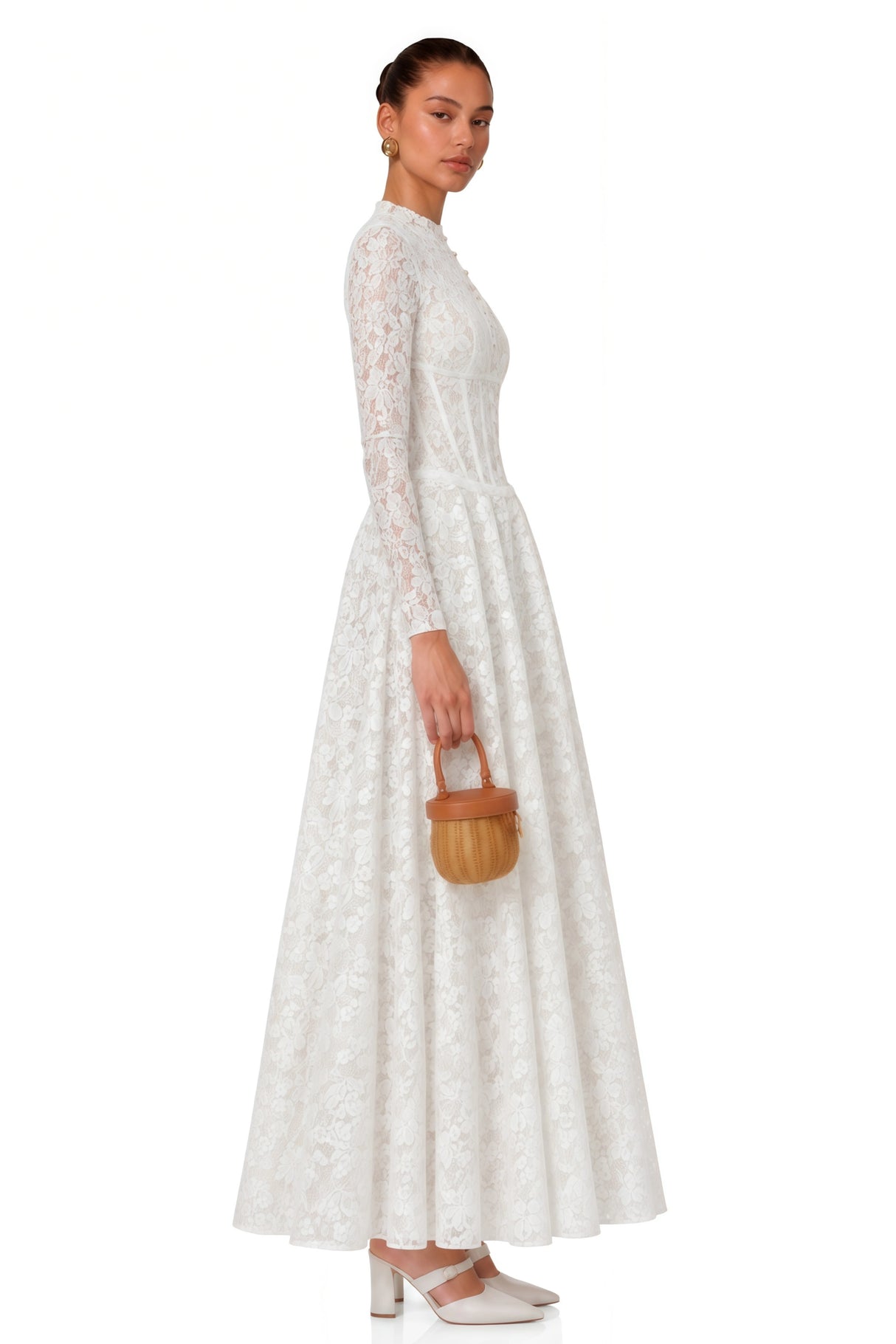 Narges White Lace Maxi Dress with Decorative Buttons