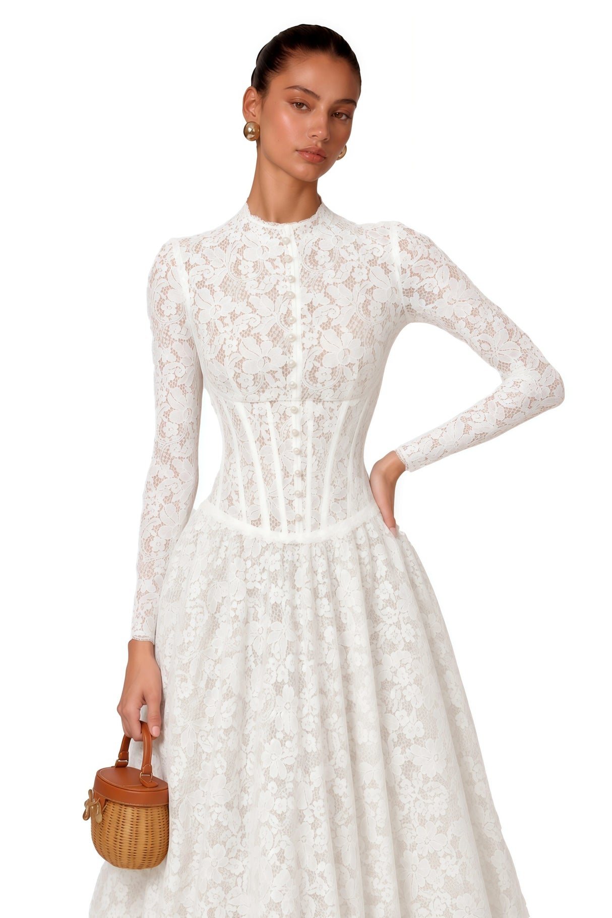 Narges White Lace Maxi Dress with Decorative Buttons