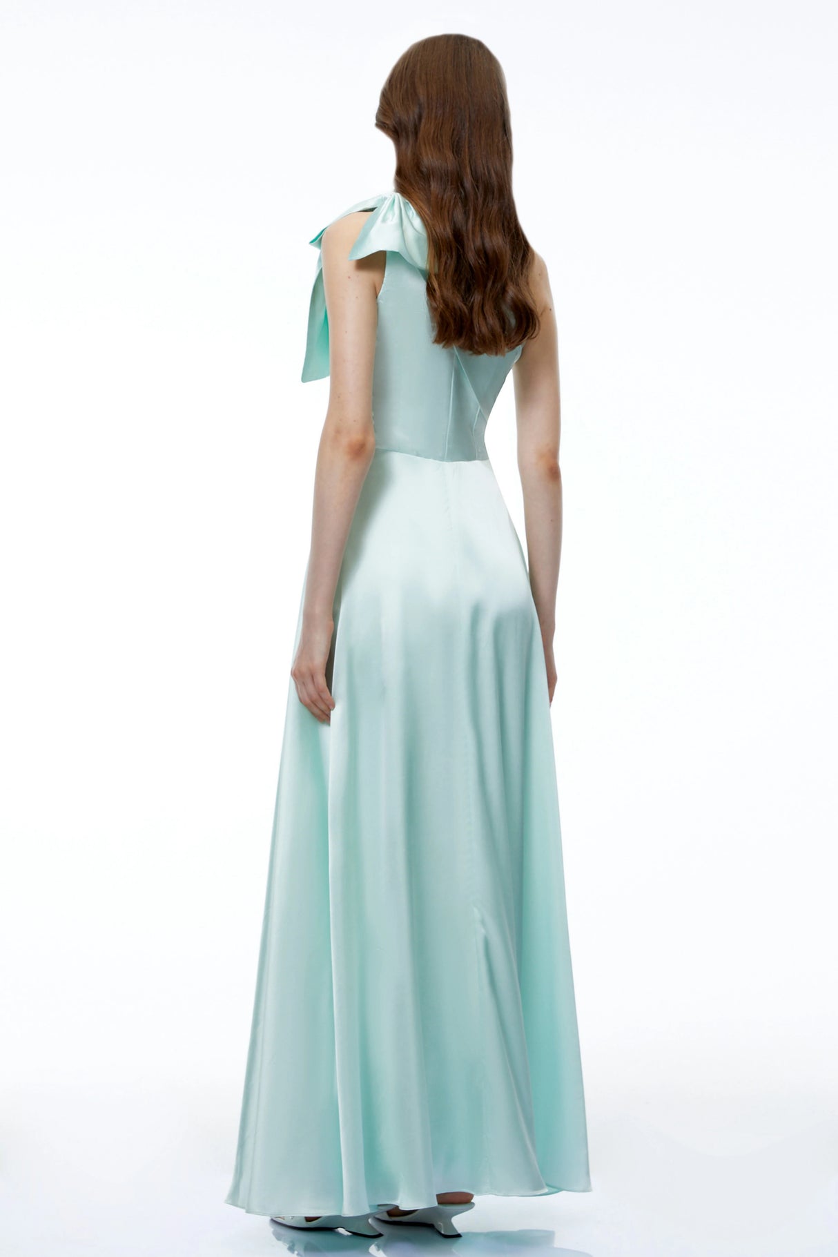 Natalia Green One Shoulder Ruched Maxi Dress with Bow