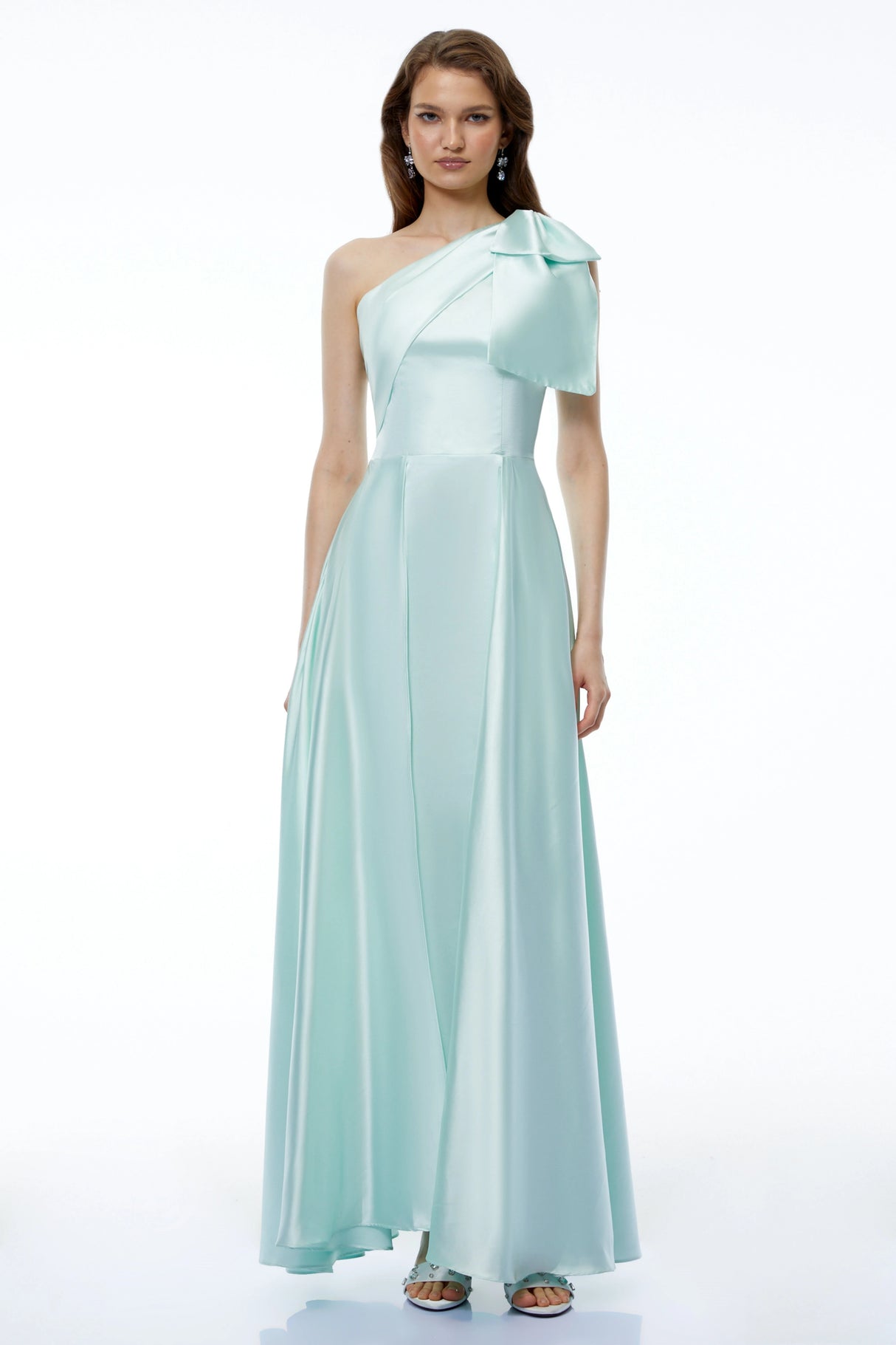 Natalia Green One Shoulder Ruched Maxi Dress with Bow