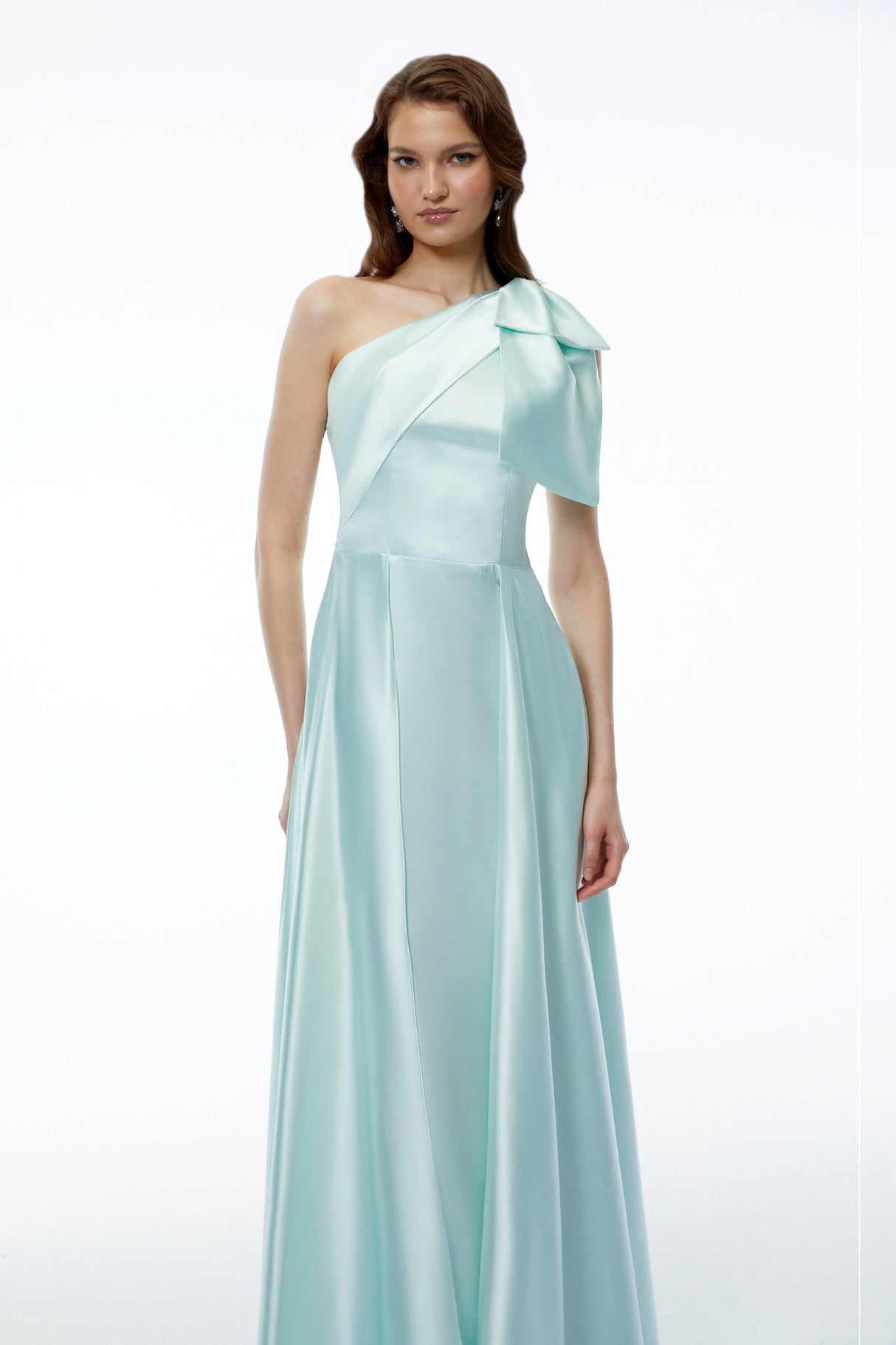 Natalia Green One Shoulder Ruched Maxi Dress with Bow