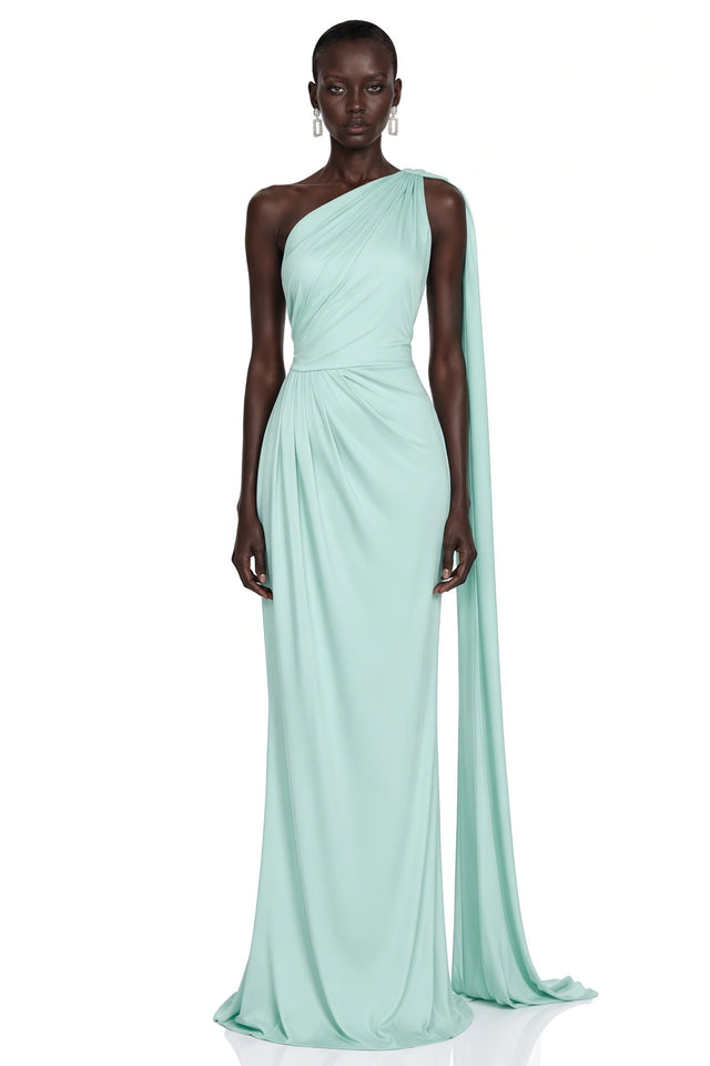 Nathalie Mint Green One Shoulder Ruched Maxi Dress
