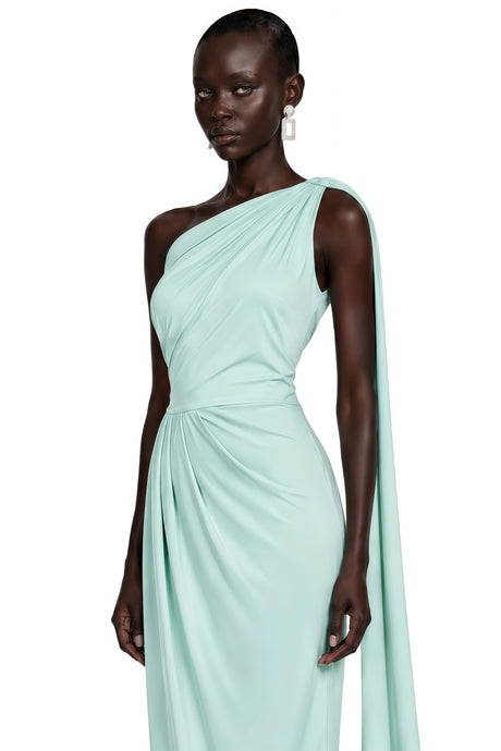 Nathalie Mint Green One Shoulder Ruched Maxi Dress