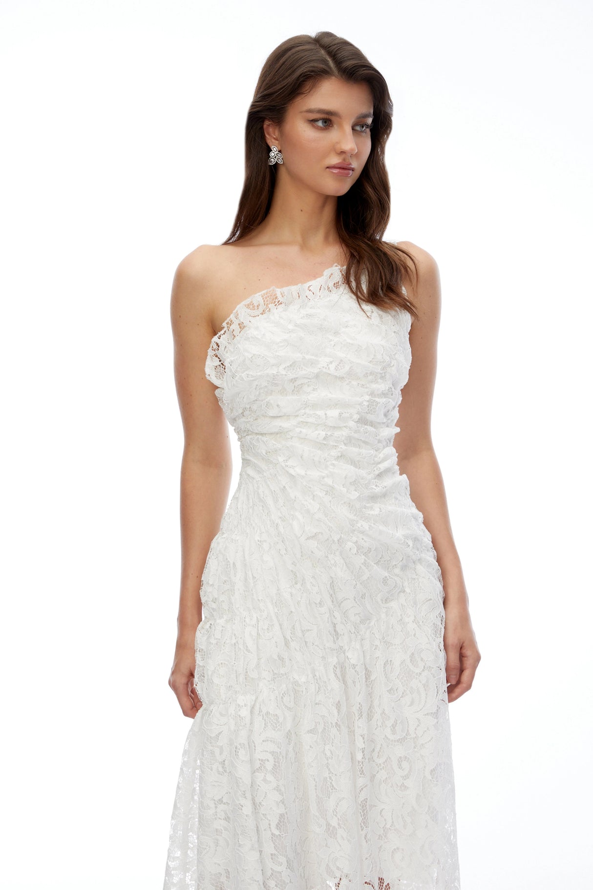 Nathalie White Floral Lace Ruched Maxi Dress