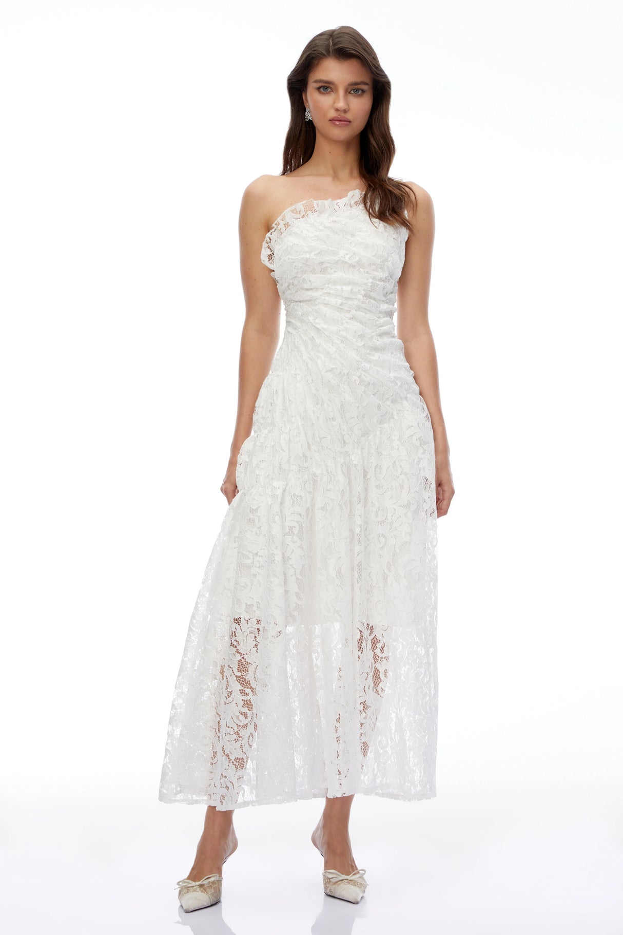 Nathalie White Floral Lace Ruched Maxi Dress