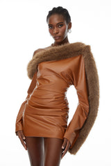 Natividad Brown Fur Trim Leather Mini Dress