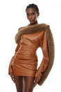 Natividad Brown Fur Trim Leather Mini Dress
