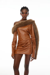 Natividad Brown Fur Trim Leather Mini Dress
