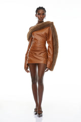 Natividad Brown Fur Trim Leather Mini Dress