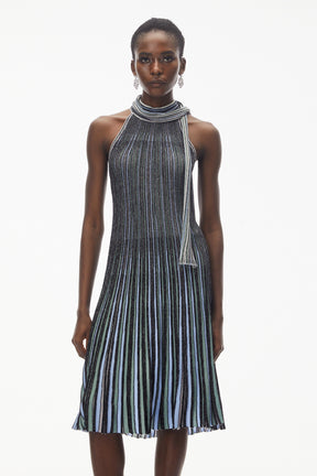 Nausicaa Navy Blue Metallic Striped Knit Midi Dress