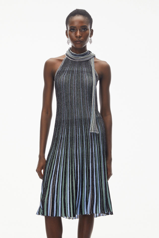Nausicaa Navy Blue Metallic Striped Knit Midi Dress