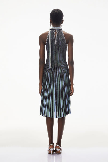 Nausicaa Navy Blue Metallic Striped Knit Midi Dress