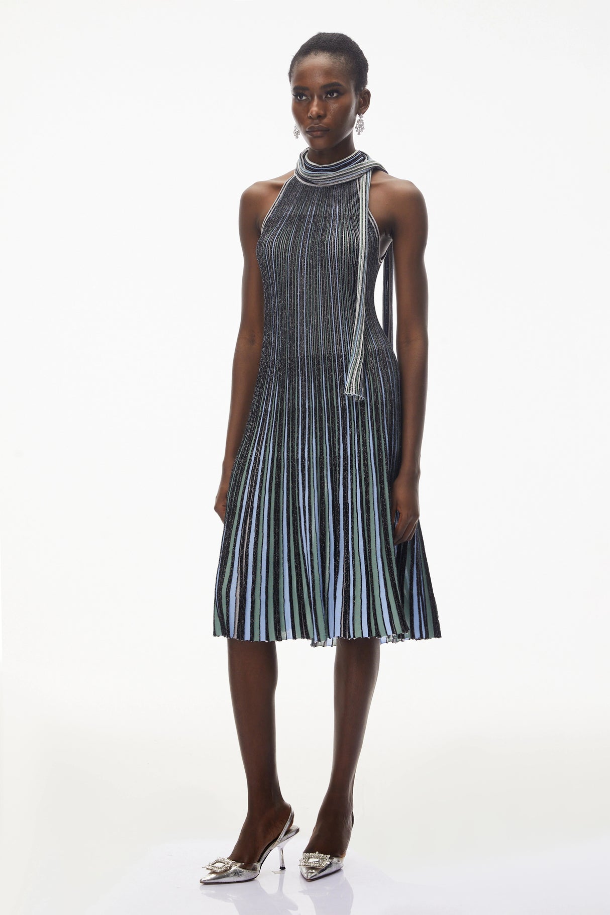 Nausicaa Navy Blue Metallic Striped Knit Midi Dress