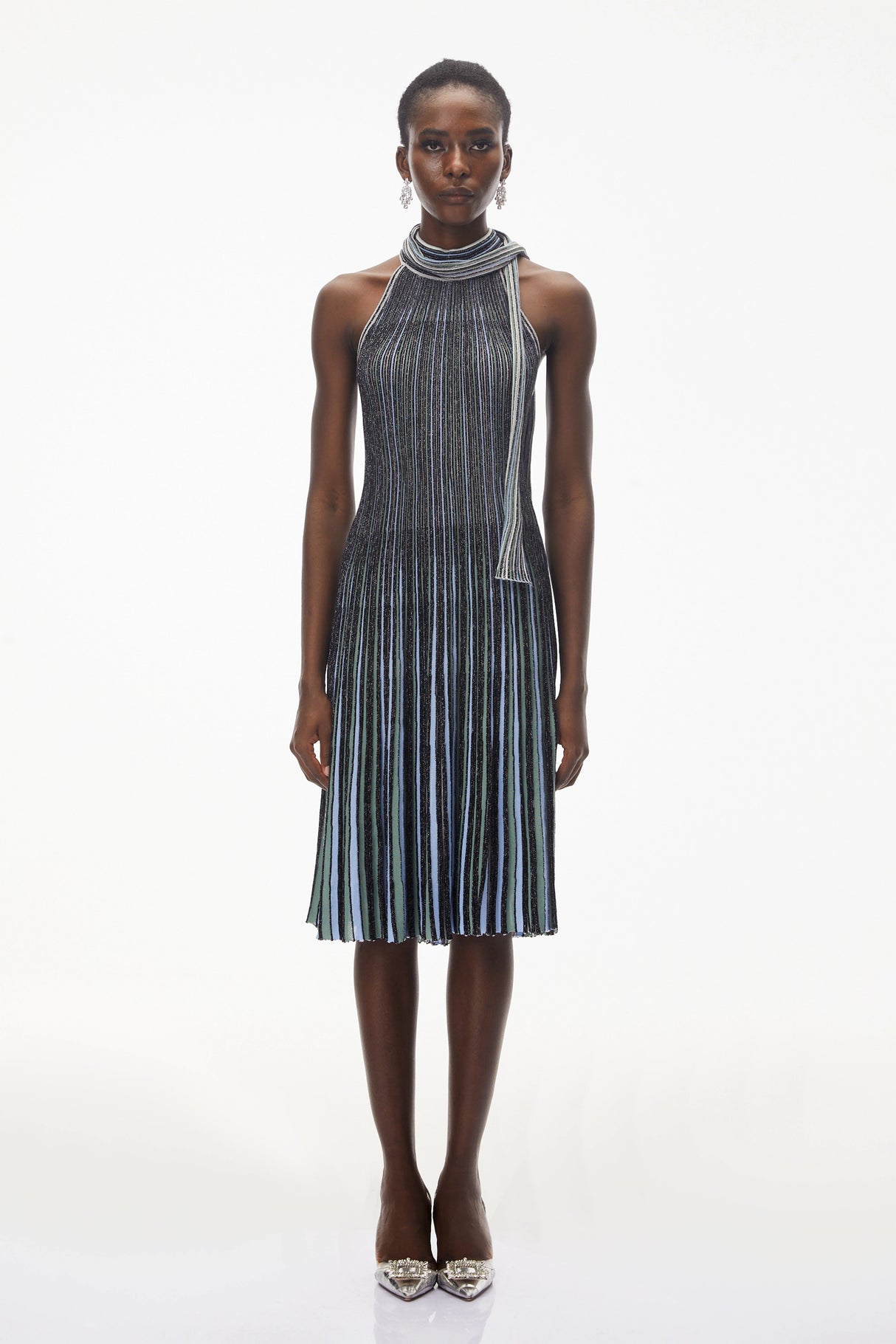 Nausicaa Navy Blue Metallic Striped Knit Midi Dress