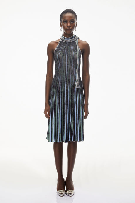 Nausicaa Navy Blue Metallic Striped Knit Midi Dress