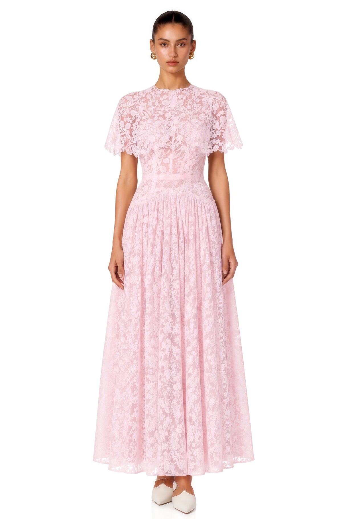 Nela Pink Pleated Maxi Dress with Lace Cape