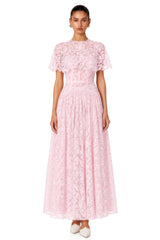 Nela Pink Pleated Maxi Dress with Lace Cape