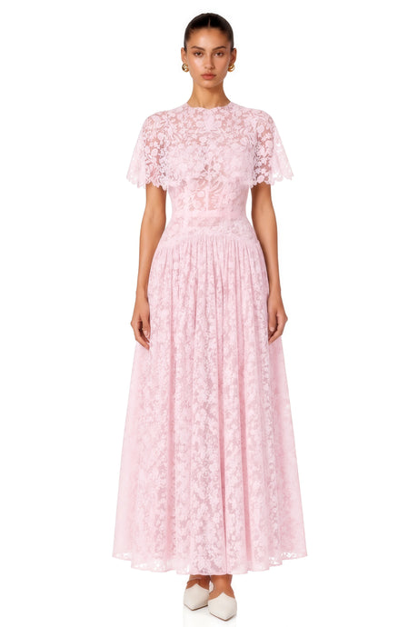 Nela Pink Pleated Maxi Dress with Lace Cape