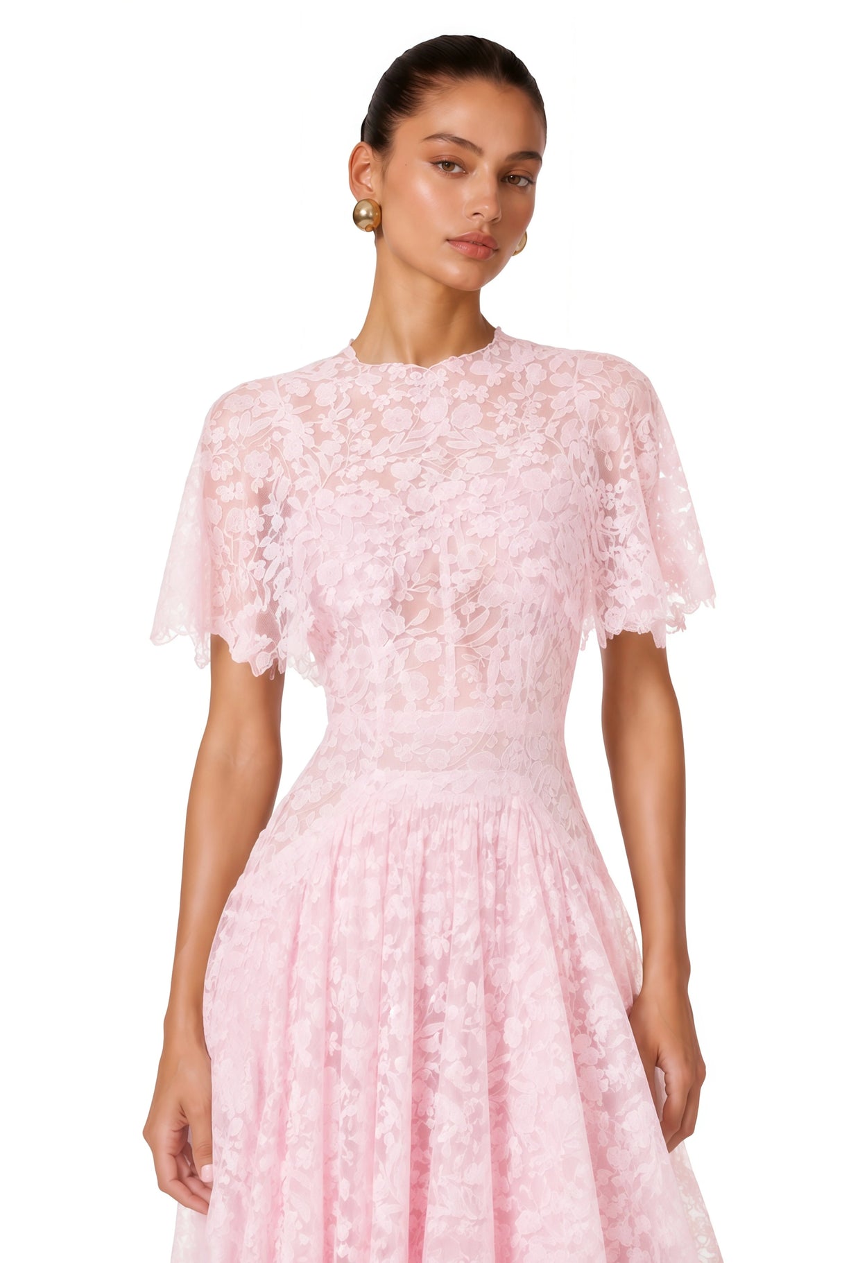Nela Pink Pleated Maxi Dress with Lace Cape
