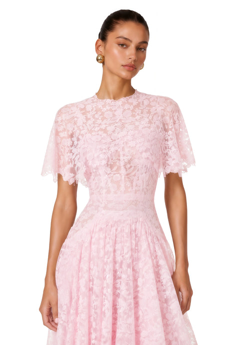 Nela Pink Pleated Maxi Dress with Lace Cape