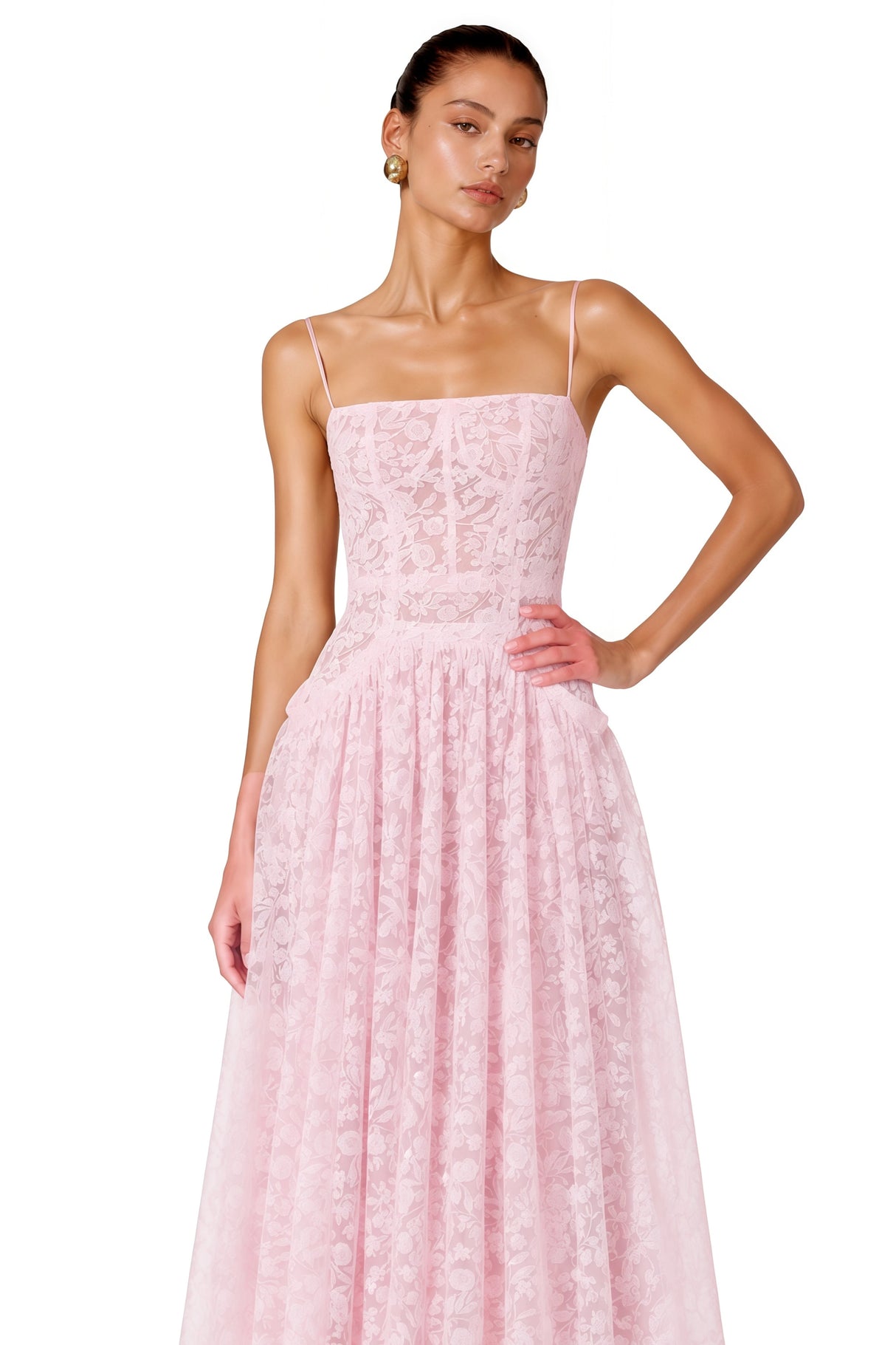 Nela Pink Pleated Maxi Dress with Lace Cape