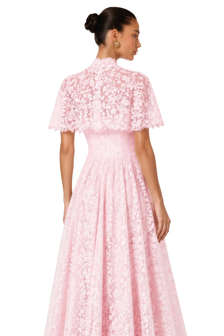 Nela Pink Pleated Maxi Dress with Lace Cape