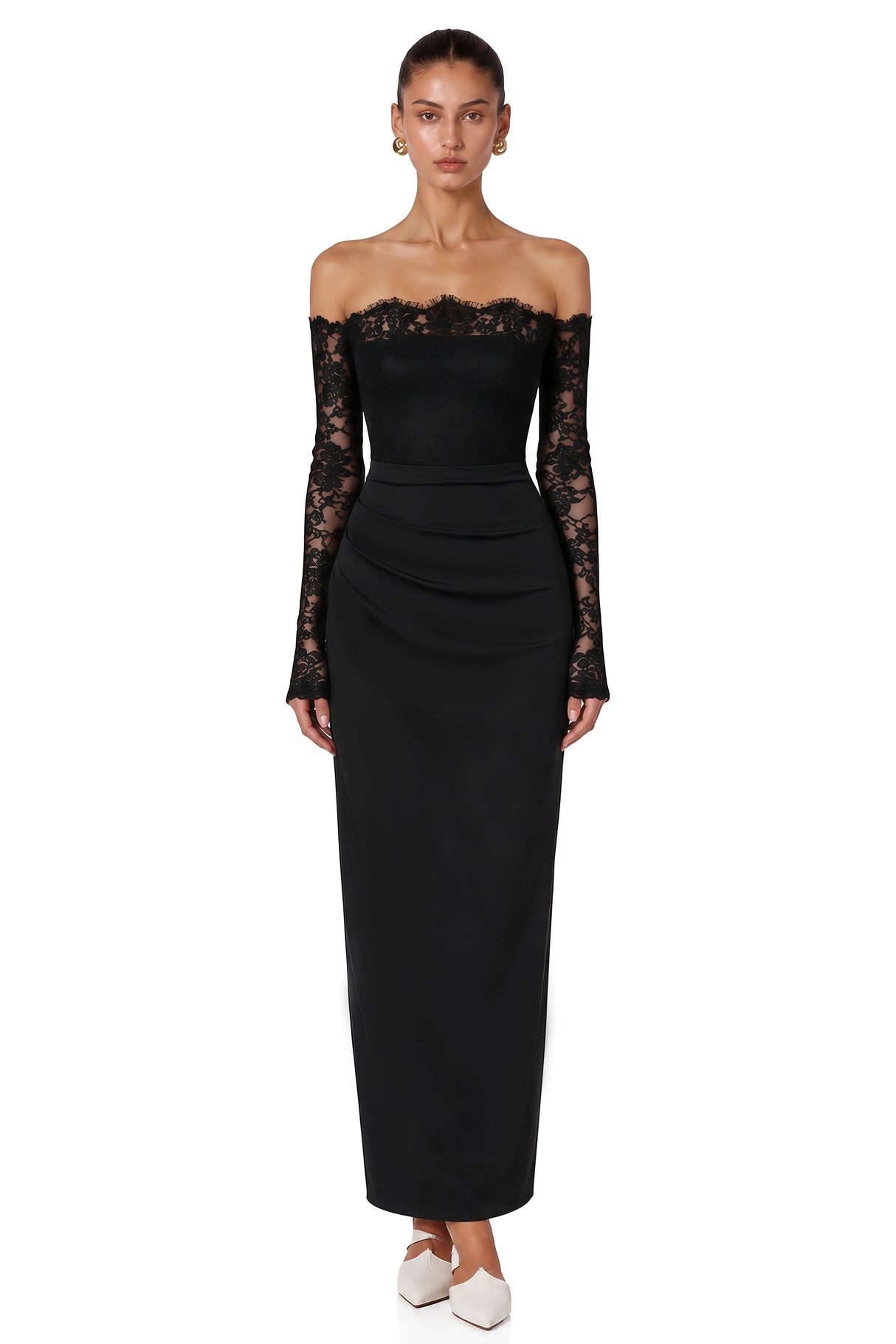 Nephele Black Off Shoulder Floral Lace Maxi Dress