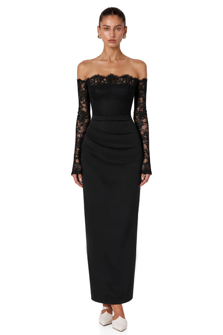 Nephele Black Off Shoulder Floral Lace Maxi Dress