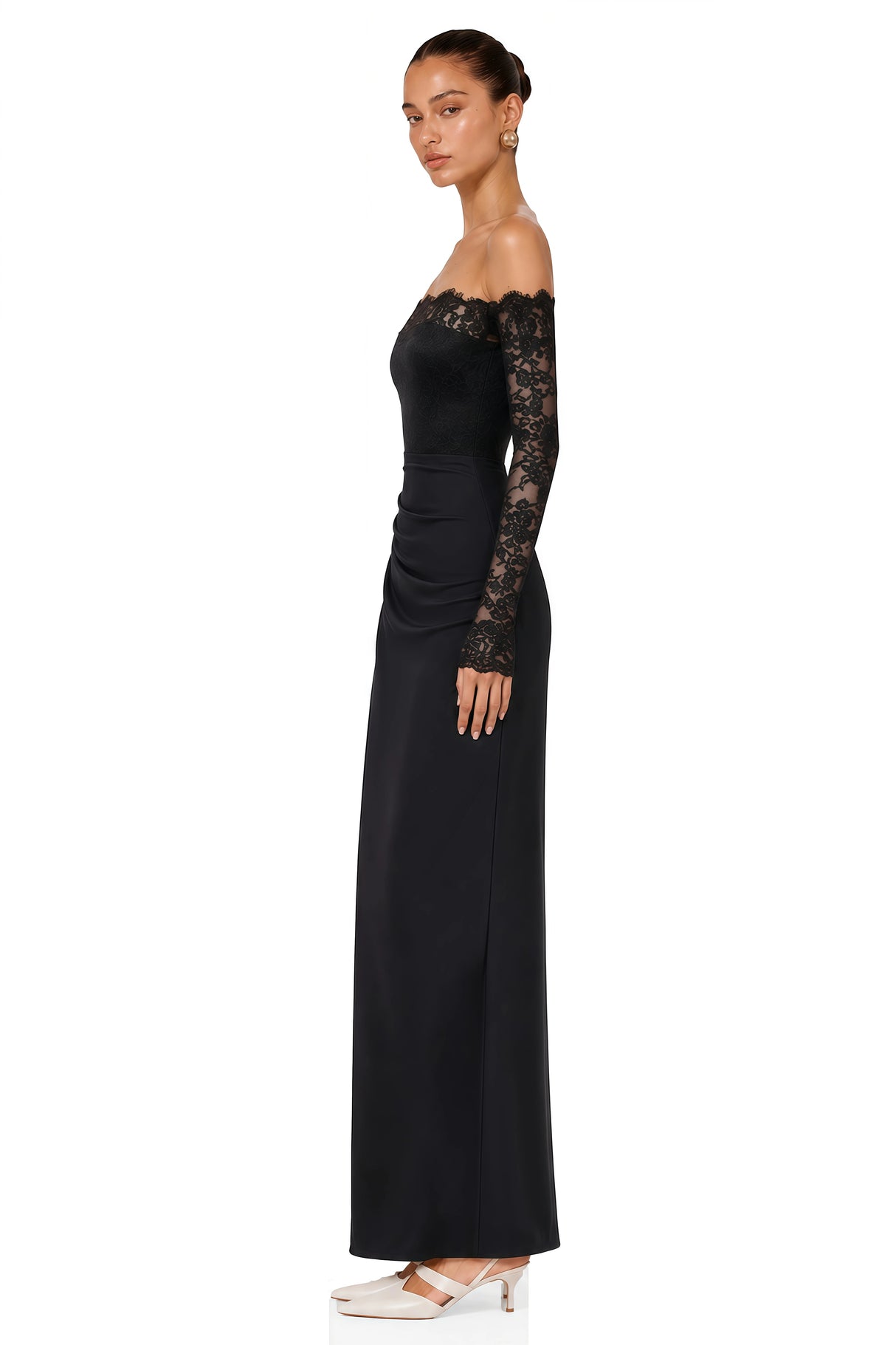 Nephele Black Off Shoulder Floral Lace Maxi Dress