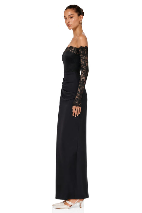 Nephele Black Off Shoulder Floral Lace Maxi Dress