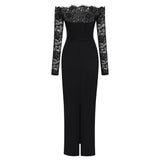 Nephele Black Off Shoulder Floral Lace Maxi Dress