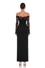 Nephele Black Off Shoulder Floral Lace Maxi Dress