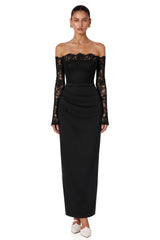 Nephele Black Off Shoulder Floral Lace Maxi Dress