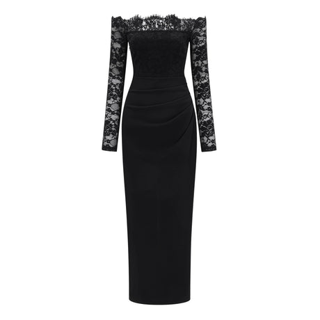 Nephele Black Off Shoulder Floral Lace Maxi Dress