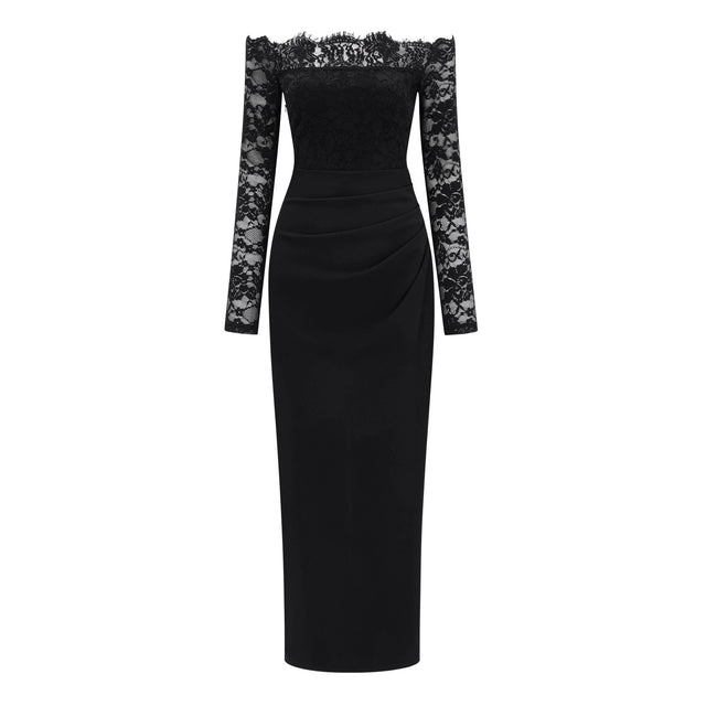 Nephele Black Off Shoulder Floral Lace Maxi Dress