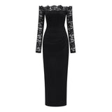 Nephele Black Off Shoulder Floral Lace Maxi Dress