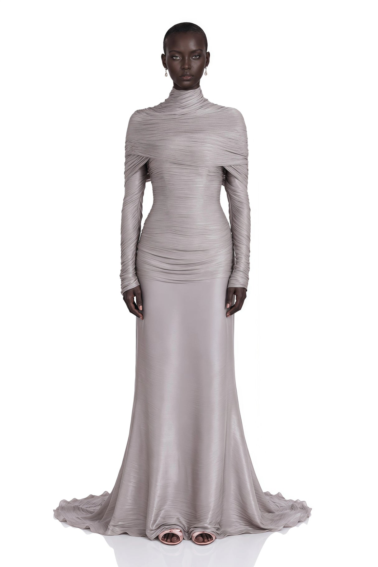 Nerida Silver Turtleneck Ruched Maxi Dress