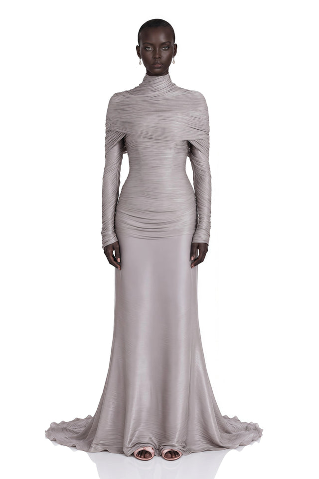 Nerida Silver Turtleneck Ruched Maxi Dress