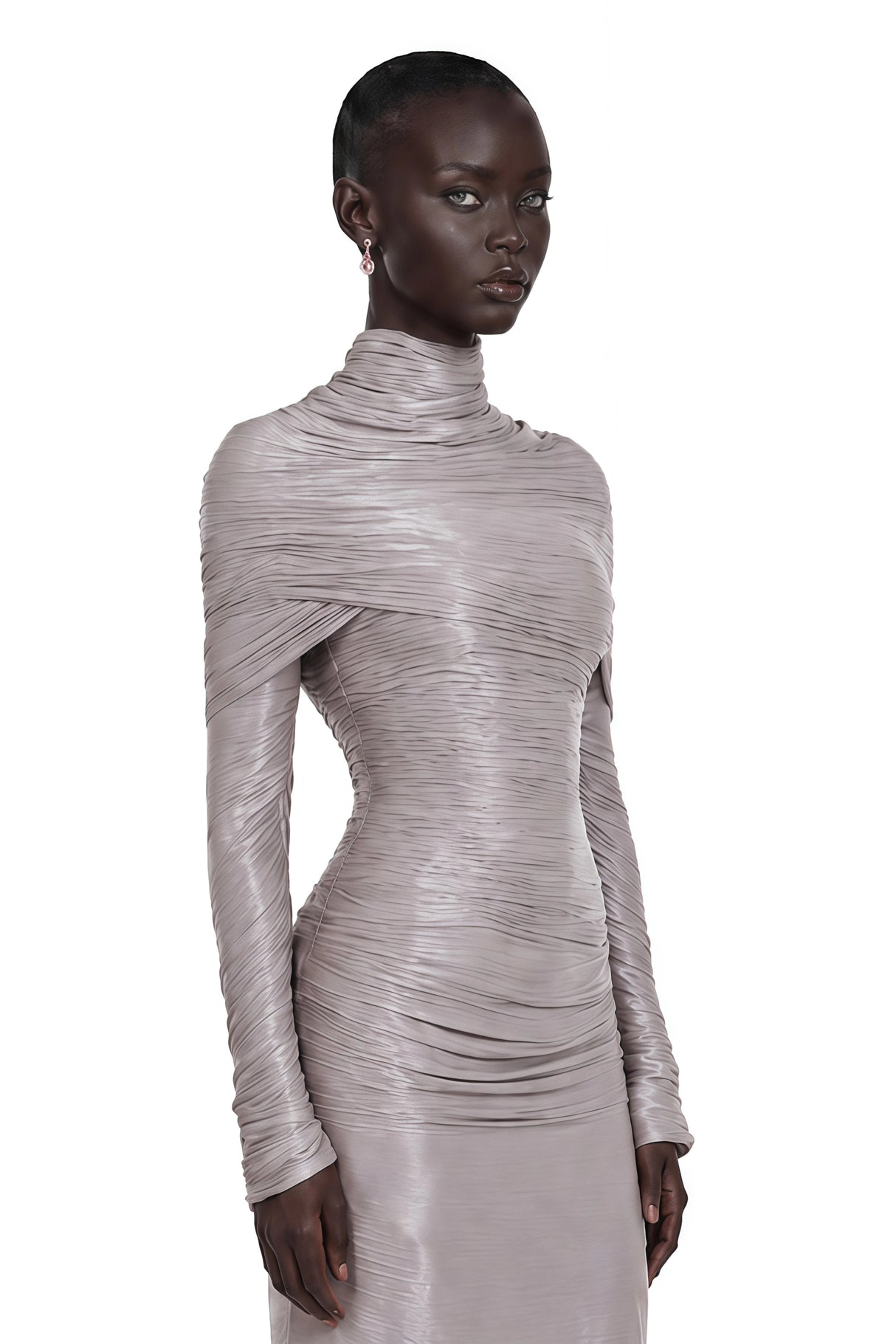 Nerida Silver Turtleneck Ruched Maxi Dress
