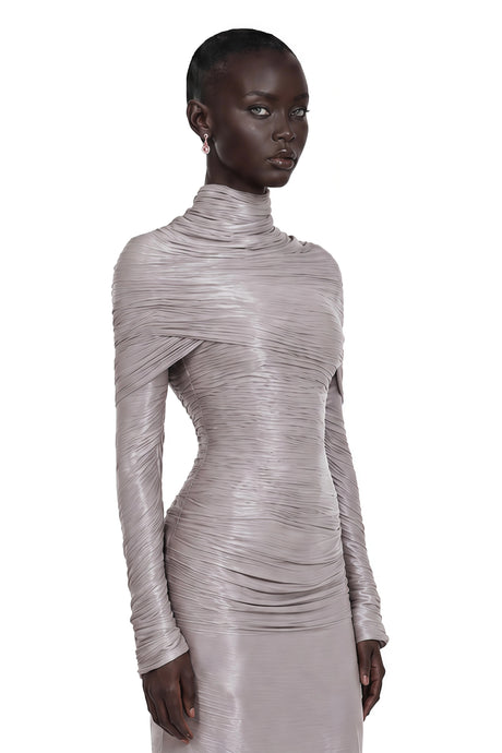 Nerida Silver Turtleneck Ruched Maxi Dress