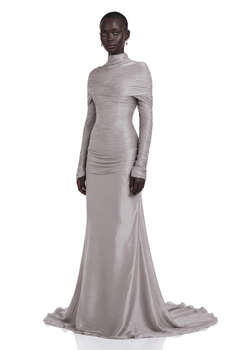 Nerida Silver Turtleneck Ruched Maxi Dress